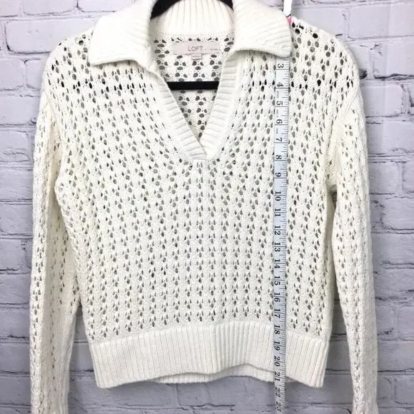 Loft Petites Cottagecore Open Knit Split Neck Cream Pullover Sweater Size XXS - Picture 12 of 13